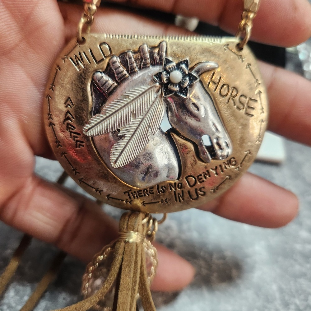 Wild Horse Statement Necklace Mixed Metal Shield Tassel Western Boho Jewelry - Picture 8 of 13